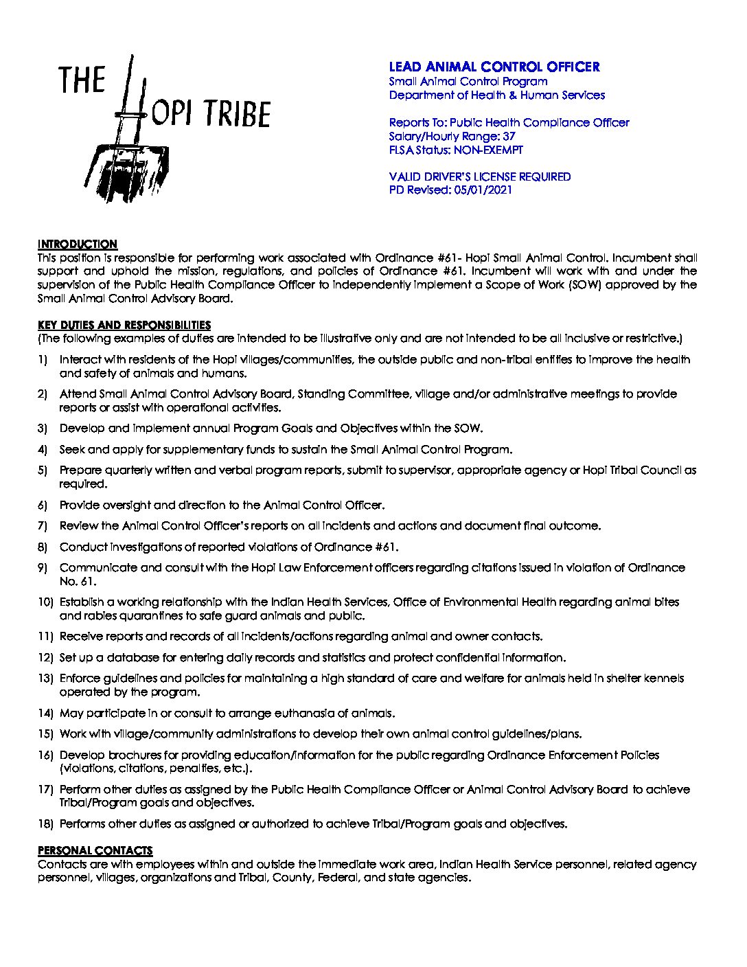 DHHS Lead Animal Control Officer 052021 N37 - The Hopi Tribe DHHS Lead Animal Control Officer 052021 N37 - The Hopi Tribe